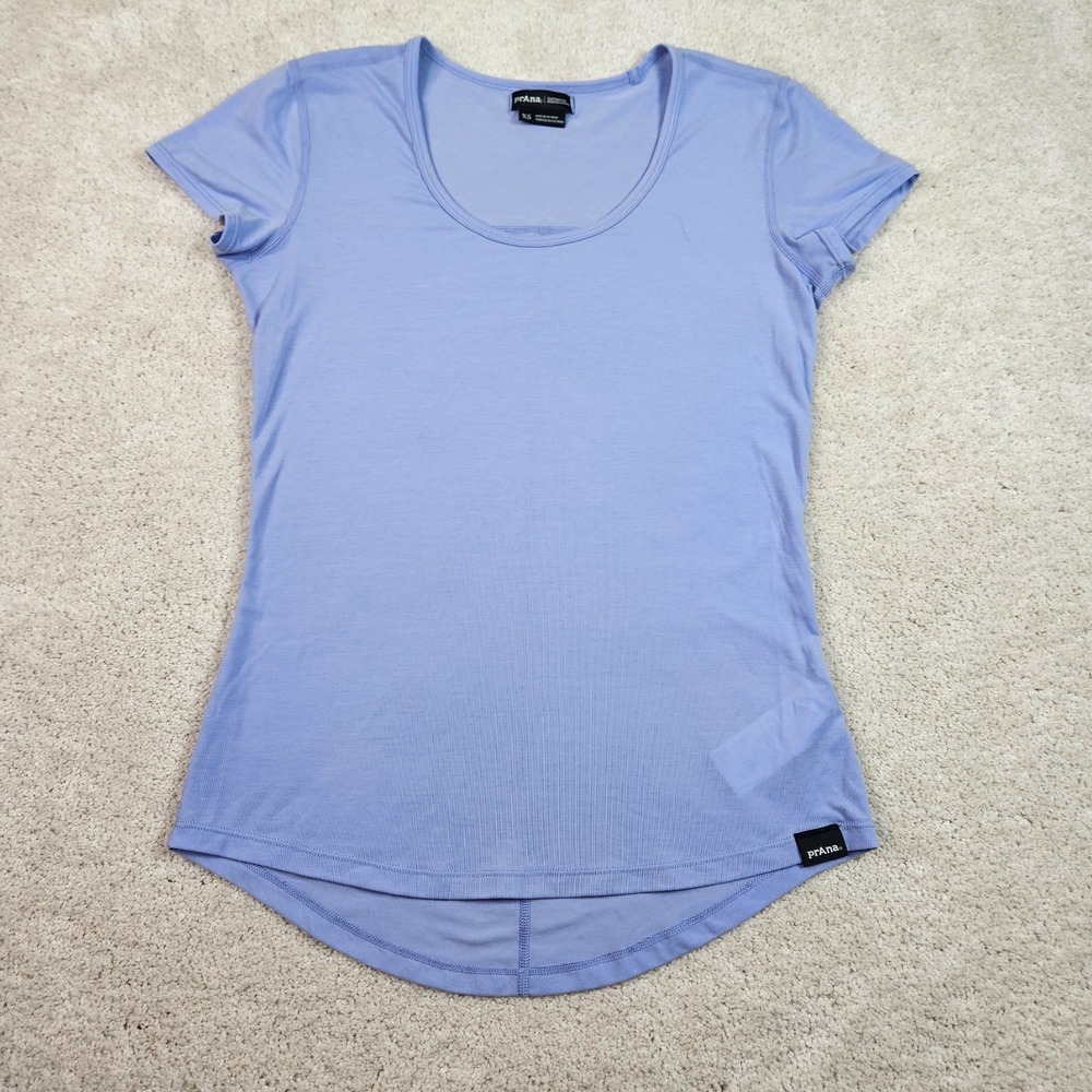 prAna Cozy Up Tee XS Lavender Blue Hemp Tencel Scoop Neck Curved Hem Athleisure